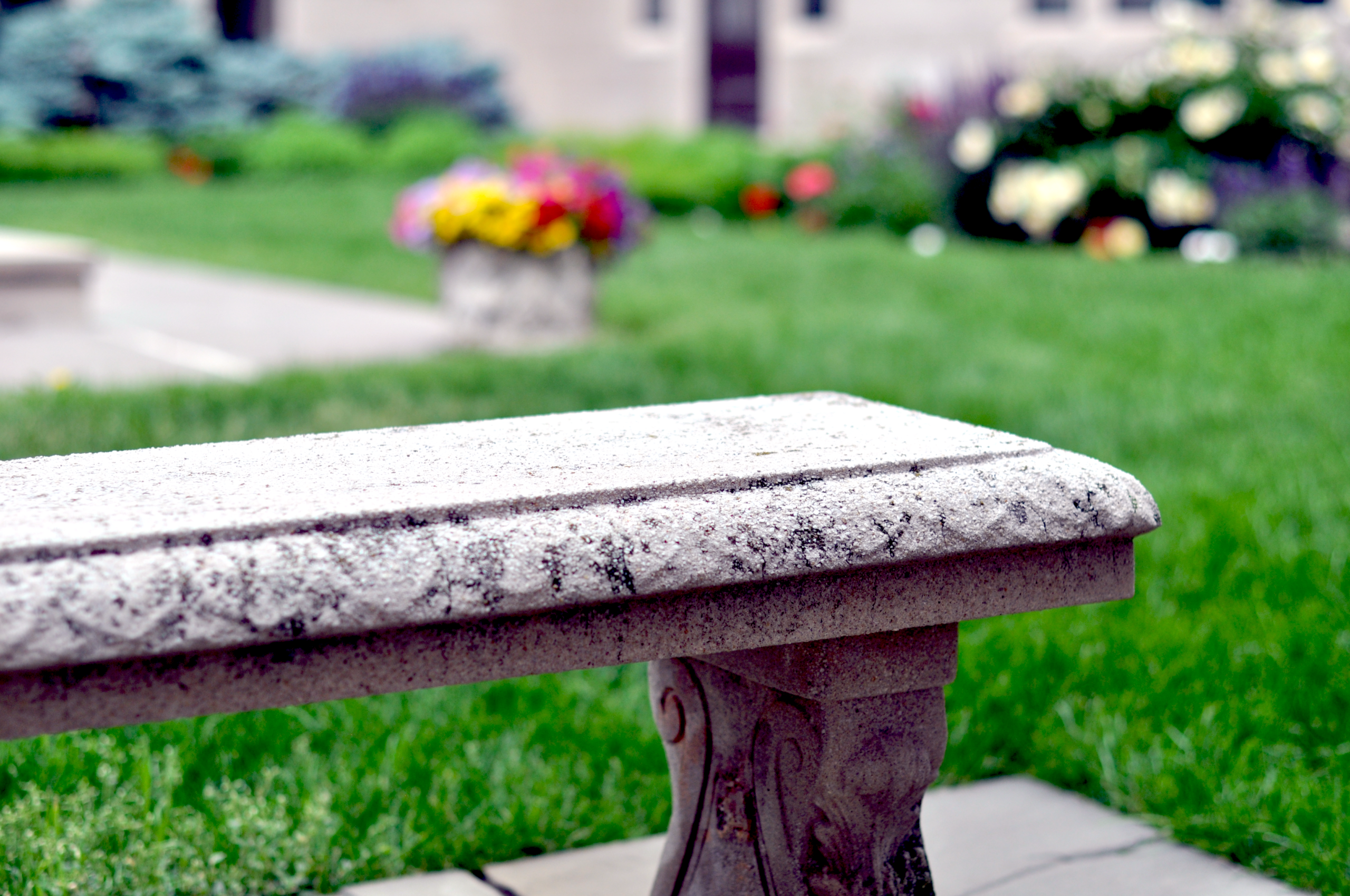 A stone bench overlooks lawn and flowers in the Memorial Garden.