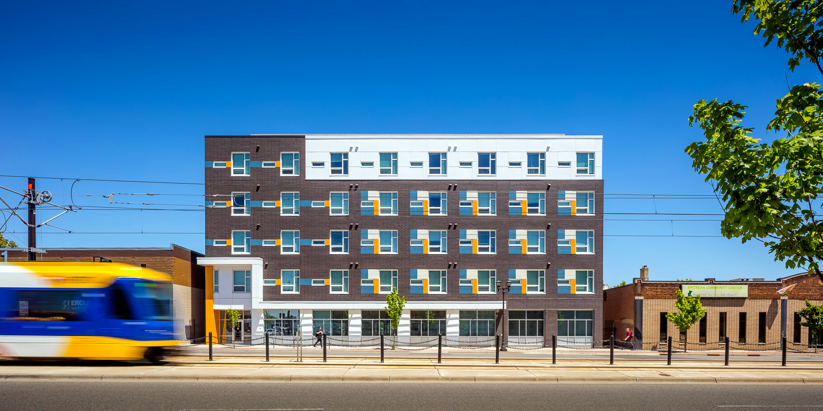 Prior Crossing housing building beside the light rail line in Saint Paul.