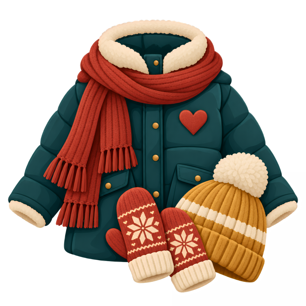 Winter coat, scarf, mittens, and knit hat